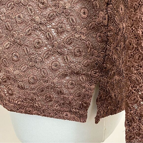 Manuela Semi Sheer Brown Lace/ Crochet Mock Neck Long Sleeve Top S - Picture 7 of 10